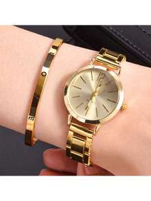 1pc Graduation Digital Small Disc Girls Steel Strap Watch And 1pc Bracelet Jewelry Set For Ladies - Gold - View 5