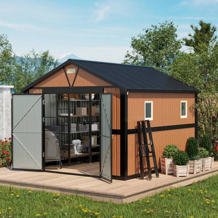 10x12 Ft Outdoor Storage Shed, Extra Large Metal Shed With Lockable Doors, 2 Windows, Outside Steel Tiny House Ideal For Garden, Backyard, Patio Utility, Tool Storage, Chicken Coops,Equipment Garage, Backyard Workshop23948026 - 黑色 - 查看 1
