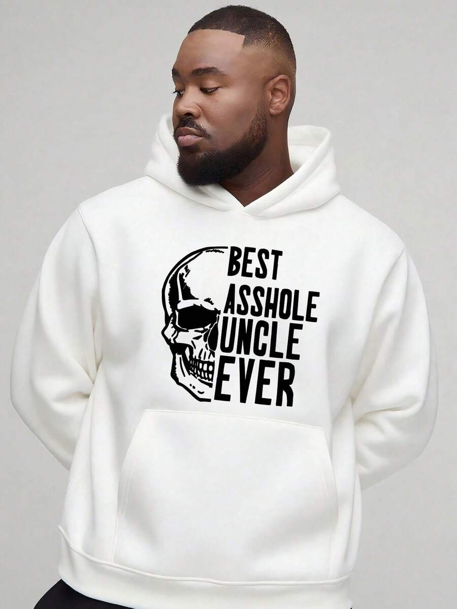 Men's Hooded Sweatshirt, Humorous Family Theme, _BEST  UNCLE EVER_ Slogan + Skull Pattern, Printed Sweatshirt, Comfortable And Soft, Unisex Hoodie, Great Choice For Gifts, Vacation, And Family Outfit,Fall Hoodies,Men's Fall Clothes,Street Wear,Halloween,Mens Hoodies,Y2k Clothes,Jesus Hoodie,Thanksgiving Day,Nightmare Before Christmas,Christmas - 白色 - 查看 1
