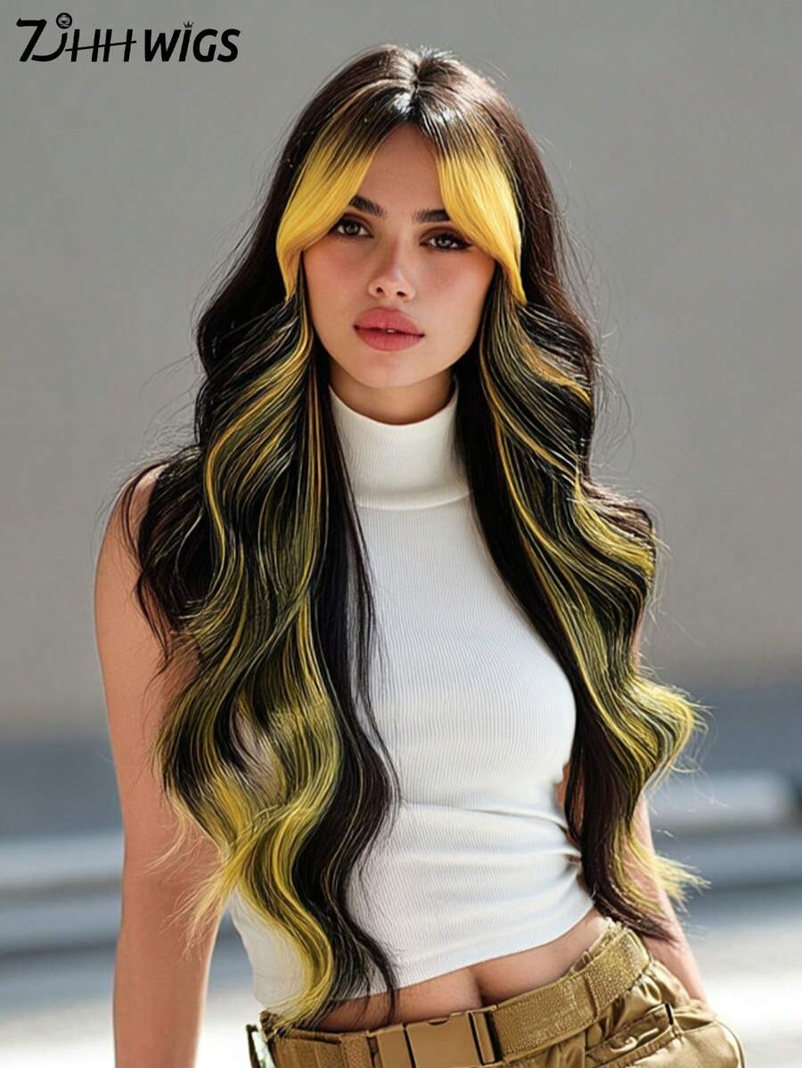 7JHH WIGS This 30-Inch Extra Long Wavy Curly Wig Is Designed For Women, Featuring A Voluminous Wavy Hairstyle With Bangs. Made Of Fully Machine-Woven Synthetic Fibers, It Is Suitable For Daily Wear, Music Festivals, Halloween Costume Parties, And Various Other Occasions As A Fashionable Accessory. - 黃色 - 查看 1