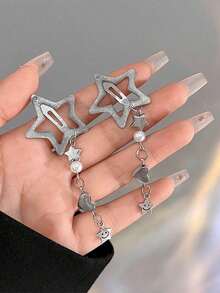 2pcs/Pair Star Shaped Tassel Hair Clip With Chain & Side Hair Pin Accessory Street Y2k Claw Clips Hair Claws Hair Barrettes - 銀色 - 查看 2