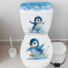 可爱的企鹅马桶贴纸套装，可移除自粘贴花，带有水花和海洋元素，是马桶水箱和盖子的可爱装饰，易于粘贴的艺术品，为有趣的浴室美学增添乐趣 - 藍色 - 查看 7