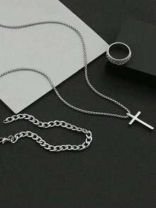 Juego de 3 piezas de joyería de moda de acero inoxidable para hombres, que incluye collar de cruz, pulsera y anillo giratorio, adecuado para uso diario y decoración - Multicolor - Ver 4