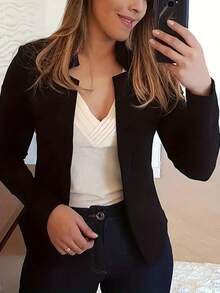 A  Plain    Casual    Woven Fabric    None  Pocket    Blazer  Office    Year Round  Cardigan Women's Solid Color Casual & Professional Blazer Cardigan - 黑色 - 查看 9