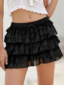Women Y2k Lace Layered Mini Skirt Low Rise Ruffle Short Tiered Skirt Cute Aline Multi Layer Cake Skirts - 黑色 - 查看 6