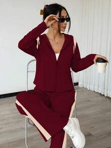 Bộ đồ nữ mùa xuân/hè kiểu dáng thường ngày gồm áo dài tay có khóa kéo và quần ống đứng, bộ hai mảnh phối màu thường ngày mùa thu, bộ đồ có mũ trùm đầu phối màu thanh lịch với dây rút, bộ đồ kẻ sọc và màu trơn kiểu dáng thường ngày có túi, khóa kéo và dây rút, thích hợp mặc đi làm/đi làm mùa xuân/hè/thu. - Màu Đỏ Sâu - Xem 4