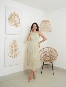 Women's Lace Knit Midi Dress With Pearl Buttons, Elegant Crochet Dress For The Beach, New Year's Eve, White - 離開 - 查看 1