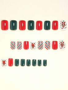 24pcs/Set Cute Christmas Theme Short Square Press-On Nails, Featuring Classic Red & Green Striped, Polka Dot, Gingerbread Man Designs, Ideal For Girls/Women To Wear For Holidays, Dates, Parties - 彩色 - 查看 3