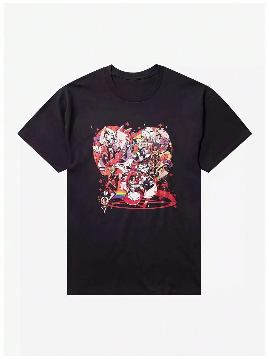 Men's Graphic T-Shirt, Black Casual Crew Neck Tee, 100% Cotton, Men'S & Women'S H Azbin Hotel Pride Flags Graphic T-Shirt - Casual Streetwear With Bold Red & Black Gaming Design, Round Neck Regular Fit Unisex Tee For Casual Attire & Video Game Events, All-Season Comfort, Vibrant Heart-Shaped Print With Colorful Game Characters, Soft Breathable Fabric For Men And Women, Stylish Casual Wear With Unique Pride Flags Group Design, Men Graphic Tee, Funny Tshirt Men, Men Graphic T Shirt, Graphic T Shirt Men, Men' T Shirt, Graphic Tee Men, T Shirt For Perfect Gift For Dad Or Friends, Sizes S-XXXL Christmass Gift - 黑色 - 查看 1