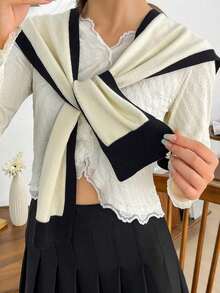 Dual-Color Knitted Shawl, Fashionable Thin And Versatile Women's Shoulder Shawl For Spring And Summer - White Hollow - View 5