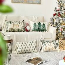 4件套快乐树和雪花装饰枕套，欢乐球冬季假日沙发靠垫套，单面设计，不含枕芯，圣诞家居装饰 - 綠色 - 查看 8