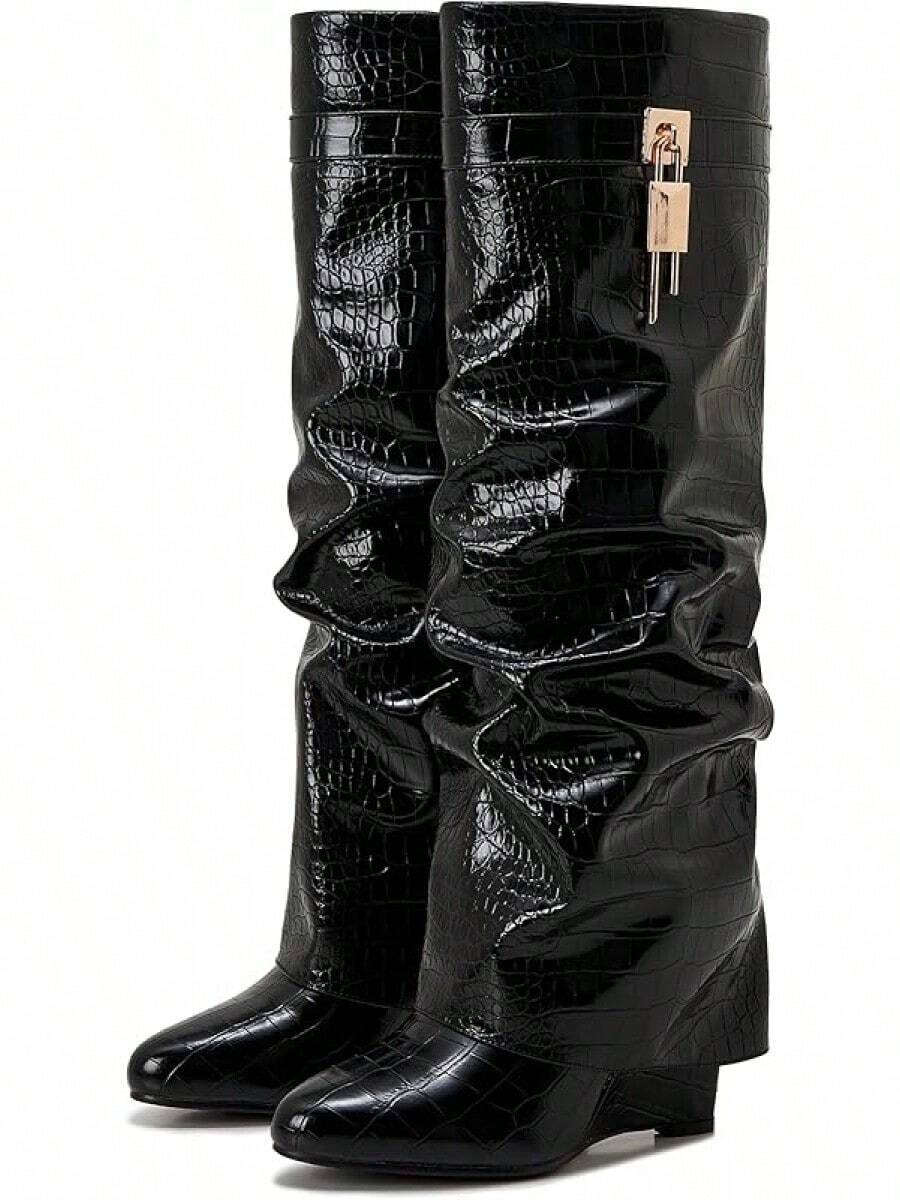 Fold Over Boots For Women Pointy Pull-On Wedge Heel Knee Shark Boot With Side Zipper Padlock DesignChristmas - 黑色鱷魚 - 查看 1