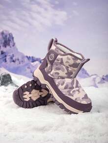 1双儿童雪地靴，保暖内衬，低帮设计，迷彩图案，适合冬季户外寒冷天气 - 紫色 - 查看 10