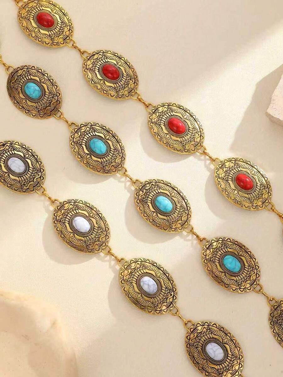 1 Peça Corrente de Cintura Feminina Turquesa Gravada Metálica, Cinto de Cintura Boêmio de Liga de Zinco Adequado para Festas de Férias, Eventos Casuais, Esportes - Turquesa Branco Dourado - Visão 1