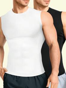 TAILONG 2 Pack Compression Shirt Men - Athletic Base Layer Sleeveless Workout Tank Top Slimming Undershirt - Đen + Trắng - Xem 9