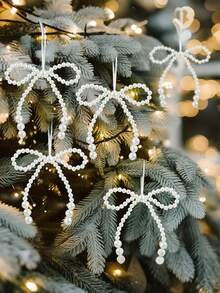 6 Stücke elegante weiße Schleifen Set für Weihnachtsbaum Dekoration - beinhaltet 6 große & 6 kleine Schleifen mit funkelnden Akzenten, perfekt für Kränze, Geschenkverpackung und Hochzeitsdekoration, Weihnachtsdekorationen - Weiss - Übersicht 4