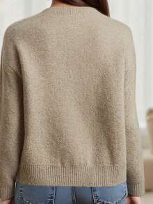 Women's Loose Casual Cardigan Long Sleeve Button Ribbed Trim Round Neck Top Versatile Daily Dating Knitted Jacket - Màu be - Xem 2