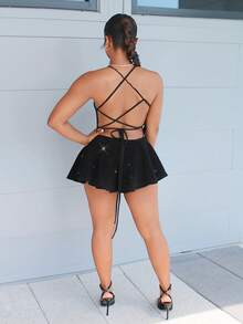Steph T Elegant Ruffles Hem Slip Dress, Sexy Backless Romper Suitable For Daily Dates, Nightclub Party, Y2K Sparkling Christmas Women Clothes - Black - View 4