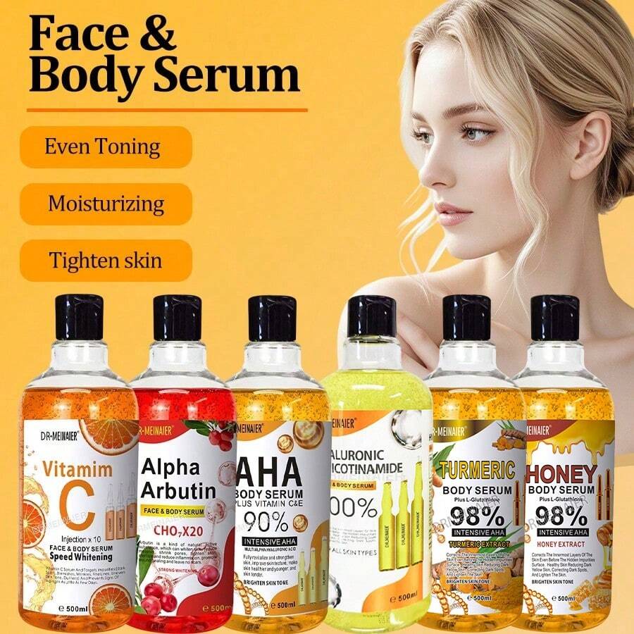 500ml Sérum Facial Clareador com Vitamina C e Alfa-Arbutina Corretor de Manchas Escuras + AHA Esfoliação de Ácido Hialurônico e Niacinamida Cuidados com a Pele para Pele Radiante e de Vidro Inspirada em Essência Leve, Vegana, Não-Comedogênica e Indicada para Todos os Tipos de Pele