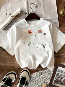 Camiseta con estampado botánico para hombre. Camiseta de algodón suave y transpirable con un elegante estampado floral, perfecta para un look casual. ¡Luce tu estilo único con esta camiseta artística! Talla extragrande. - Blanco - Ver 2