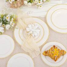 100pcs Plastic Plates With Gold Beads Plates Heavy Duty Party Supplies Includes 10.25inch Dinner Plate And 7.5inch Dessert Disposable Plate For Party,Wedding,Bridal Showers - 象牙白 - 查看 4