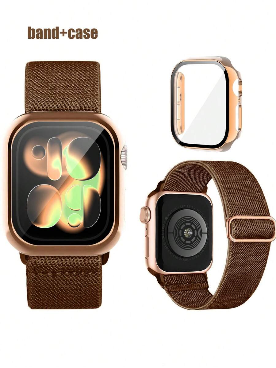 2-in-1 Nylon Sportuhrenarmband und Gehäuse, kompatibel mit Apple Watch Armbändern und Gehäusen in den Größen 40mm, 41mm, 42mm, 44mm, 45mm, 46mm und 49mm. Weiches, atmungsaktives und elastisches Sportuhrenarmband. Stoßfestes und kratzfestes PC und gehärtetes Glas 2-in-1 Uhrengehäuse. Kompatibel mit Apple Watch Ultra/11/10/9/8/7/6/5/4/SE für Herren und Damen. Einfach zu tragen, empfindliche Berührung. - Braunes Armband + Gehäuse aus Roségold - Übersicht 1