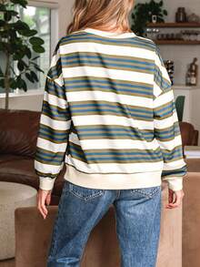 Acelitt Sweat-shirt-shirt décontracté pour femmes à manches chauve-souris amples, côtelé, avec rayures multicolores et couleurs contrastées. Printemps/Automne