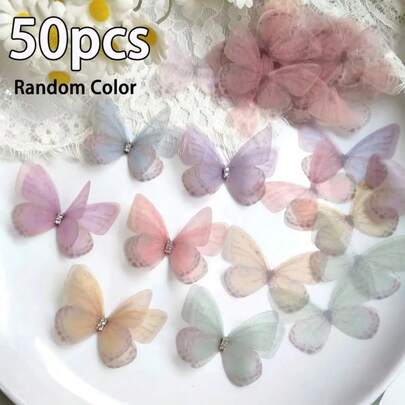 50/100个手工布艺蝴蝶装饰品，迷你布艺蝴蝶，3D浅色装饰蝴蝶贴纸，带有闪亮细节，适用于DIY工艺品、服装、发饰、窗帘、花束装饰、珠宝制作、艺术工艺、珠宝图案、摄影道具和家居装饰，蝴蝶装饰品也适用于派对装饰、室内或庭院装饰、花园装饰、房间装饰、婚礼装饰、节日装饰，精致的蝴蝶装饰配件