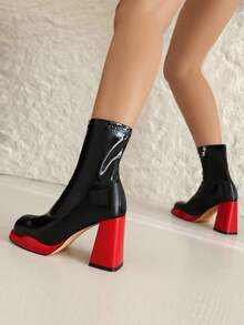 Women's Go Go Boots Platform Chunky Block Heel Boots Prom Square Toe Side Zipper Mid Calf Booties Shoes - Red - View 7