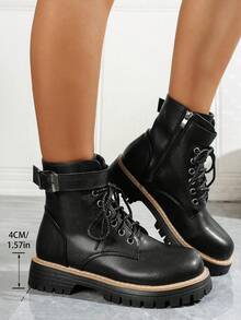 Women's Black Ankle Boots, Buckle Thick Sole Boots, 2025 Autumn/Winter New Arrival, British Style Lace-Up Side Zipper Short Boots, Motorcycle Boots, Vintage British Style 8-Eyelet Version; Sweet & Cool Girl Style + Dress; Casual Street Style With Hoodie + Jeans + Accessories (Hat / Sunglasses)