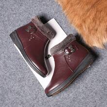 Soft Sole Winter Leather Shoes, Comfortable Non- Middle-Aged & Elderly Women's Thermal-Lined Thick Warm Flat Ankle Boots - Burgundy - View 7
