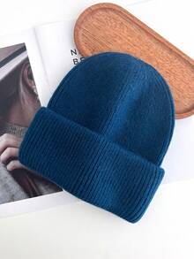 1pc White Knit Cuffed Beanie Hats For Women Winter Fur Knitted Caps Soft Slouchy Warm Snug Snow Ski Running Adult Knit Hat - White - View 17