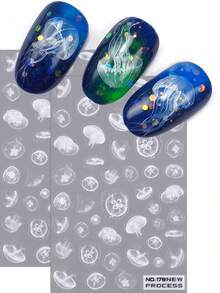 2pcs White Jellyfish Nail Stickers 3D Summer Marine Life Nail Art Decals Slider Decorations Manicure Accessories Tools, DIY Nail Salon Ornaments - 白色 - 查看 1