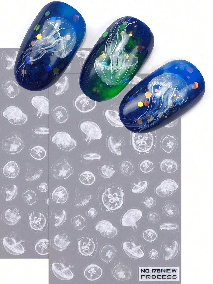 2pcs White Jellyfish Nail Stickers 3D Summer Marine Life Nail Art Decals Slider Decorations Manicure Accessories Tools, DIY Nail Salon Ornaments - 白色 - 查看 1