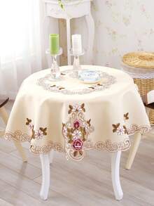 1pc Round Dining Table Cloth With European Rural Style Yellow Polyester Fabric & Multicolor Embroidery Hollow Out Lace Trim Decor For Round Table, Home Dining Decor