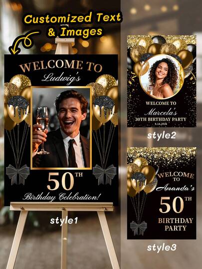 Custom Birthday Welcome Sign, Personalized Photo & Name Party Poster, Black & Gold Luxury Birthday Decor, 30th/40th/50th/60th Birthday Celebration Sign, Customizable Age & Text, Elegant Champagne Gold Balloon Theme Background, Unisex Personalized Party Welcome Board, Modern Luxury Style Event Sign, Suitable For Birthday, Anniversary, Retirement Or Celebration Party