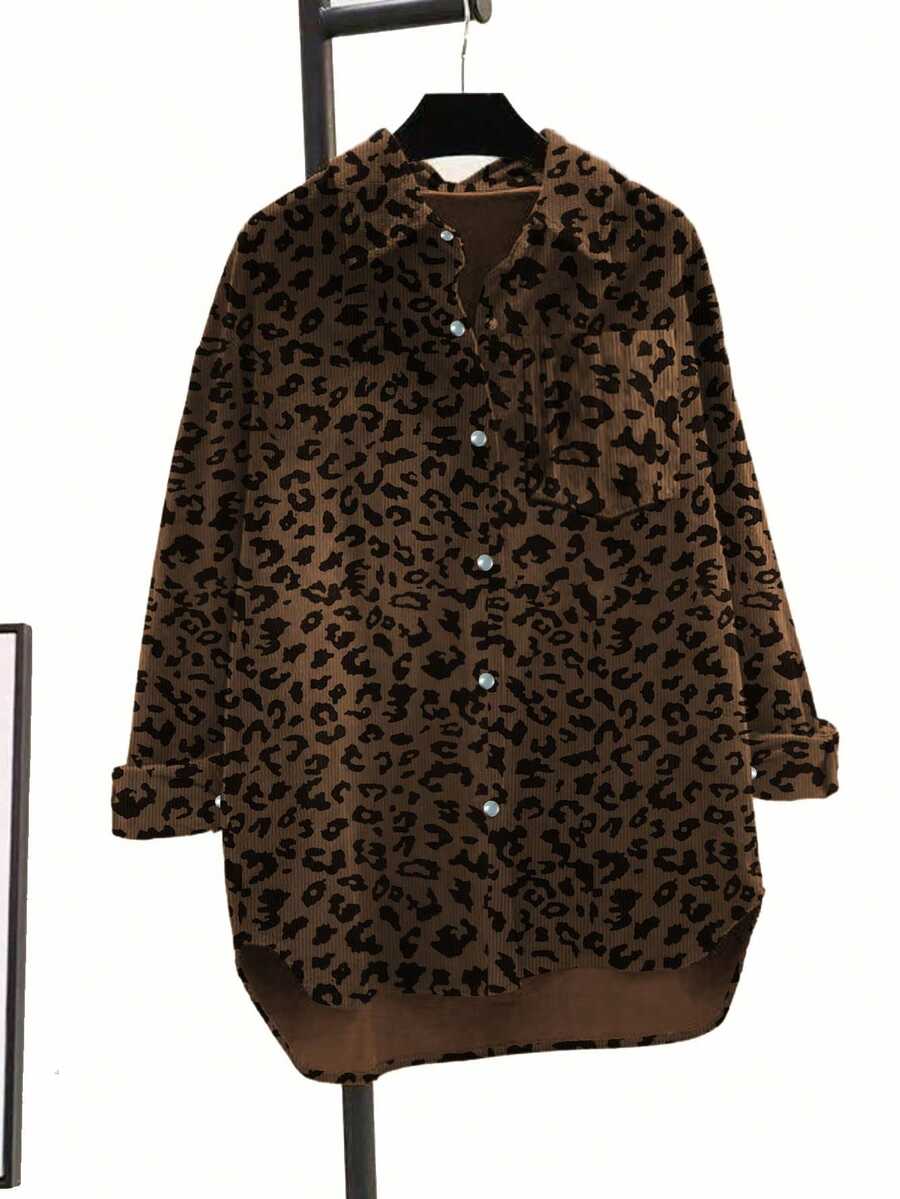 Blusa suelta de manga larga con cuello de solapa, bolsillo y botones frontales, con estampado de leopardo vintage, para uso diario - Marrón - Ver 1