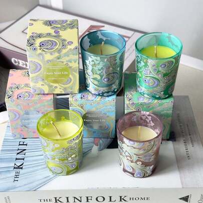 1pc Glass Candle Jar With Phoenix Pattern, Multiple Color & Fragrance Options (Pink-Berlin Girl; Blue-Fresh Lychee Tea; Yellow-Cymbidium; Green-Flipping Paris), Soy Wax Candle With Long Burning Time, Suitable For Bedroom, Sleep, Home, Christmas, New Year, Birthday, Best Friend Gift, Women's Gift, Winter Gift, Romantic Dinner, Sleep Aid, Aromatherapy Candle, Parent's Day, Wedding Favor, Photography Prop, Birthday Party, Proposal Decor