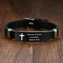 1pc Adjustable Men's Christian Bracelet, Stainless Steel & Silicone Strap With Cross Charm And Bible Verse, Inspirational Religious Jewelry Gift For Husband, Father, Boyfriend, Son - 黑色 4 - 查看 7