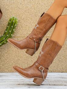Vintage Star Embroidered Western High Heel Pointed Toe Knee-High Riding Boots For Women - Brown - View 3
