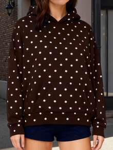 Women Casual Fall Hooded Sweatshirt With Front Pocket Dot Print Casual Long Sleeve Pullover Hoodies Outwear - 咖啡色 - 查看 3
