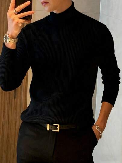 Men's Ribbed Knit Turtleneck Long Sleeve Sweater, Suitable For Casual Daily Wear And Commuting