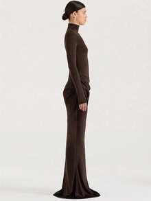 Damska modna sukienka maxi z długim rękawem i wysokim dekoltem, dopasowana do ciała, jesień i zima, elegancka, brązowa, koktajlowa, wieczorowa, seksowna sukienka