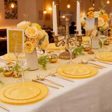 100pcs Plastic Plates With Gold Beads Plates Heavy Duty Party Supplies Includes 10.25inch Dinner Plate And 7.5inch Dessert Disposable Plate For Party,Wedding,Bridal Showers - 黃色 - 查看 2