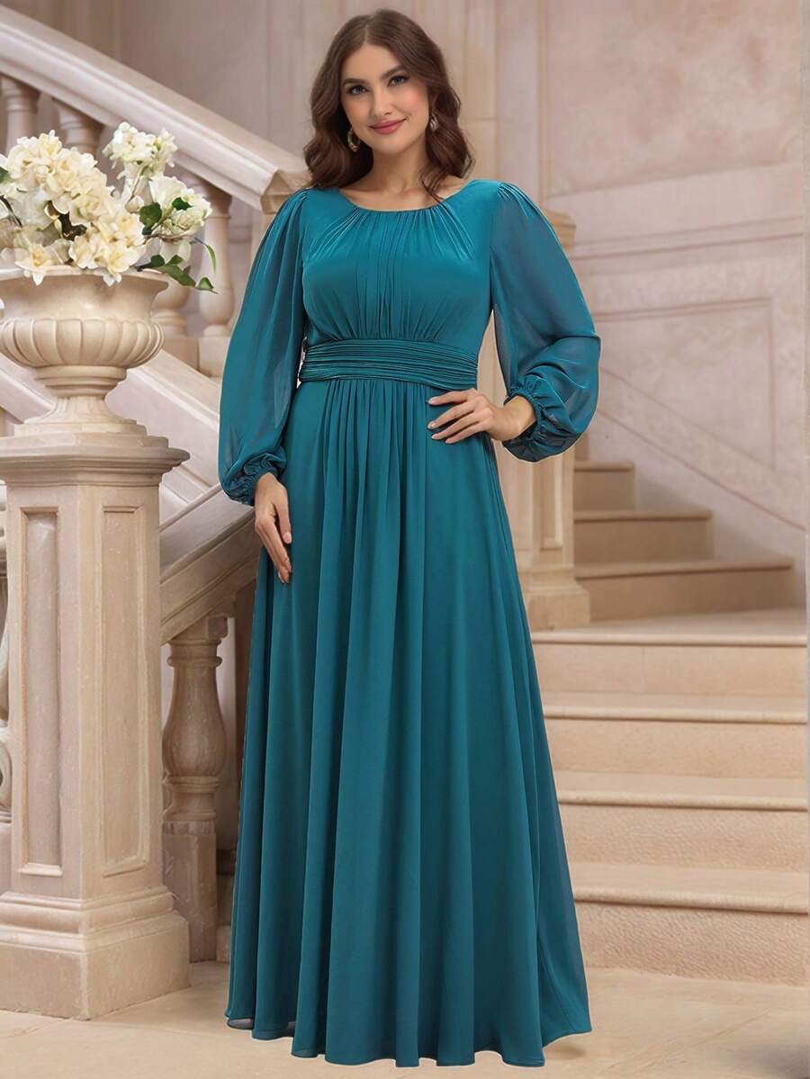 EVERPRETTY 大码优雅浪漫A字长袖伴娘礼服，蓝绿色，适合秋冬季婚礼宾客派对