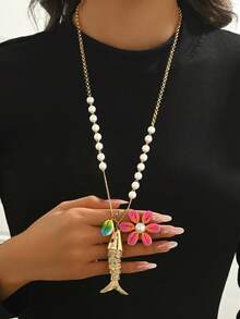 1 pieza Collar con colgante de pez flexible 3D de concha de perla, cadena para suéter - Dorado - Ver 4