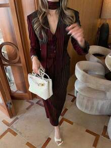 优雅简约假日派对通勤日常商务套装女装，秋季长袖收腰修身西装外套和铅笔裙套装 - 酒紅色 - 查看 5