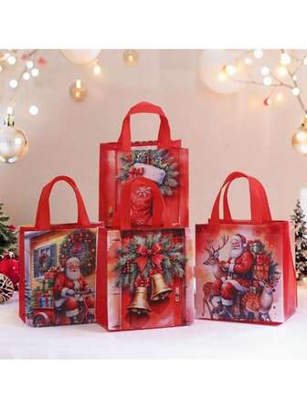 Christmas Gold Gift Bag, Non-Woven Fabric Material With Exquisite Printed Design, Large Capacity Handheld Portable, Thick Waterproof Durable Reusable, Suitable For Christmas Parties, Family Gatherings And Holiday Gift Packaging, Creative Holiday Style Tote Bag Makes The Festival More Ceremonial