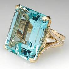 1PC Luxury Blue Cubic Zirconia Rings For Women, Golden Tone Rectangular Cut Gemstone With Curved Pavé Band - Perfect Year-Round Anniversary Gift - Blue - View 5