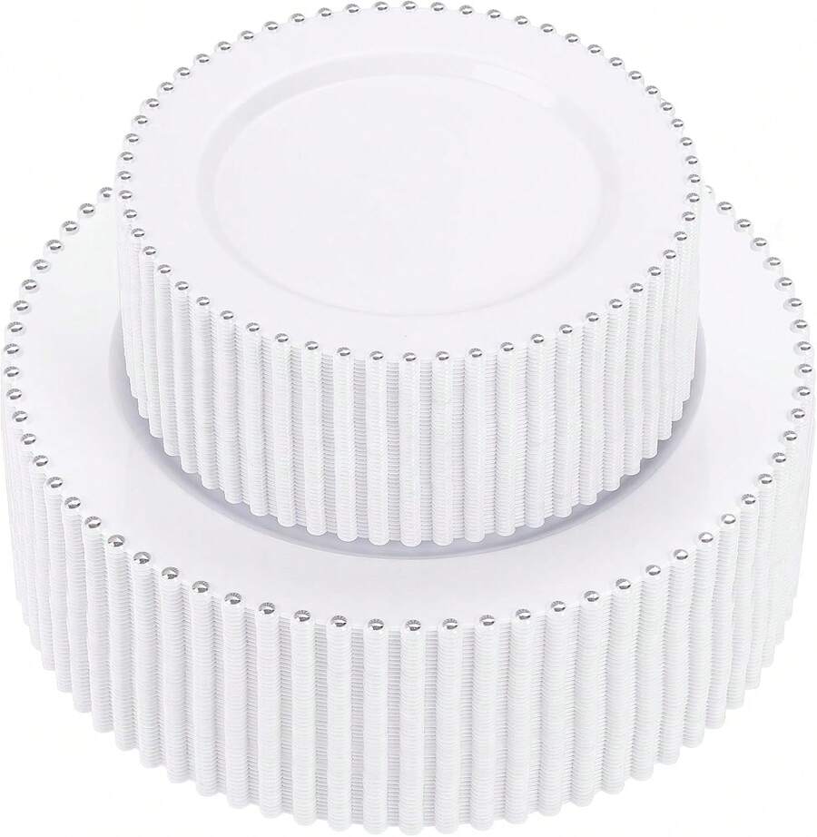 100pcs Plastic Plates With Gold Beads Plates Heavy Duty Party Supplies Includes 10.25inch Dinner Plate And 7.5inch Dessert Disposable Plate For Party,Wedding,Bridal Showers - 銀白 - 查看 1